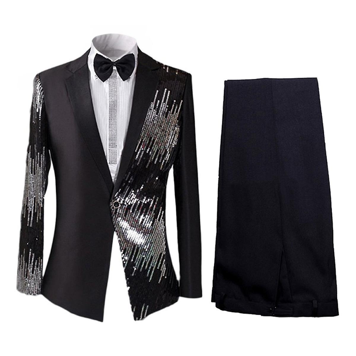 Allthemen Mens 2-Piece Sequin Wedding Show Suits Black L