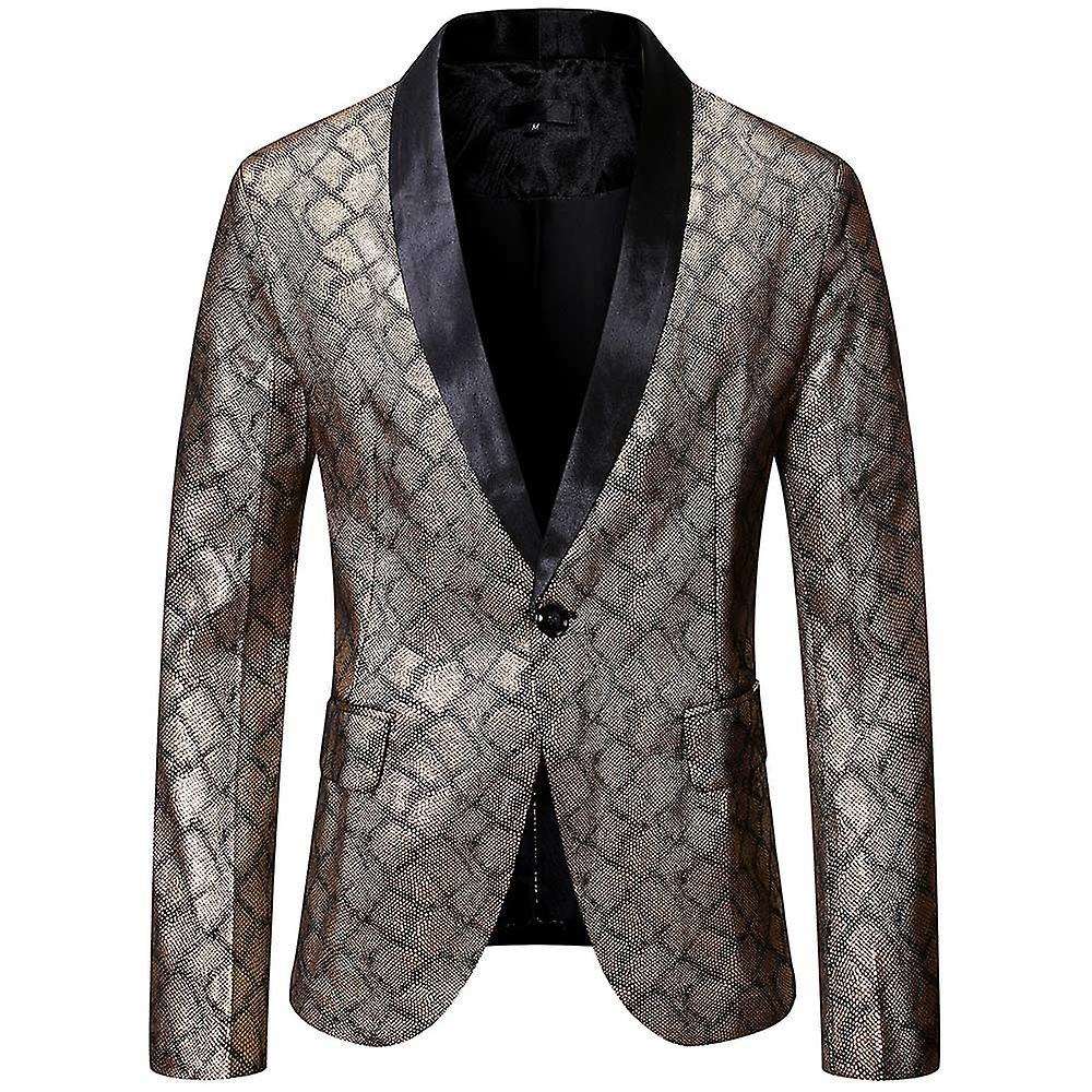 Allthemen Mens Casual Printed Shawl Lapel One-button Party Blazer Gold 2XL