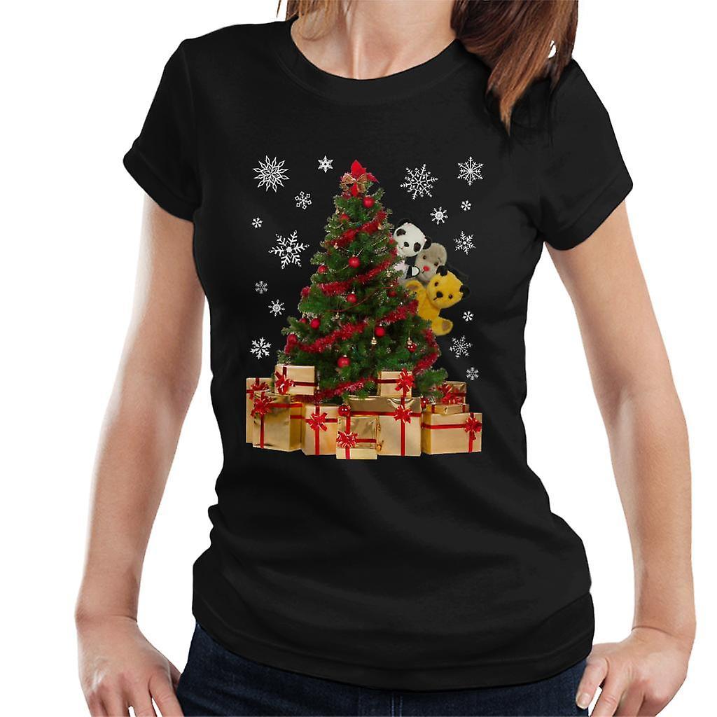 Sooty Christmas Characters Peeking Around Xmas Tree Women's T-Shirt Black Medium