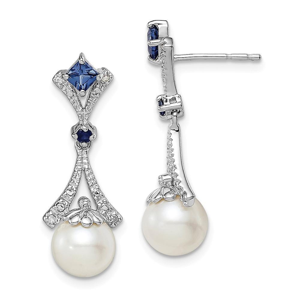 JewelryWeb 925 Sterling Silver Dangle Polished Post Earrings Rhodium Plated Diamond Freshwater Cultured Pearl Created Sapphire Earr