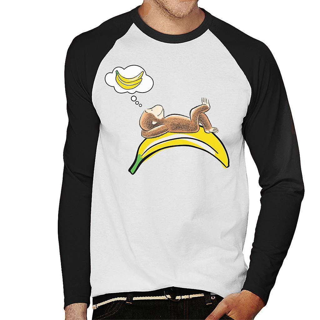 Curious George Dreaming Of Bananas Men's Baseball Long Sleeved T-Shirt White/Black Large