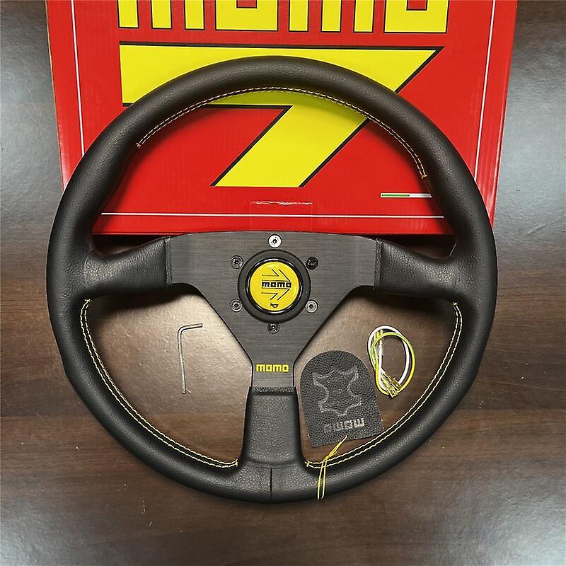 14inch/350mm For Momo Italy Black Genuine Leather Drift Sport Steering Wheel Yellow Line Flat Modified Steering Wheel Vehicle Steering Wheel Covers...