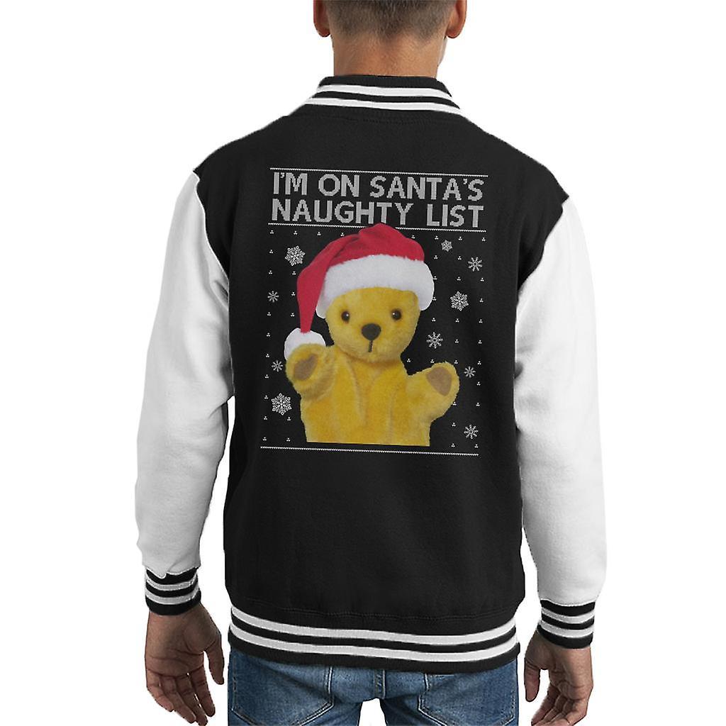 Sooty Christmas Im On Santas Naughty List Kid's Varsity Jacket Black/White Small (5-6 yrs)