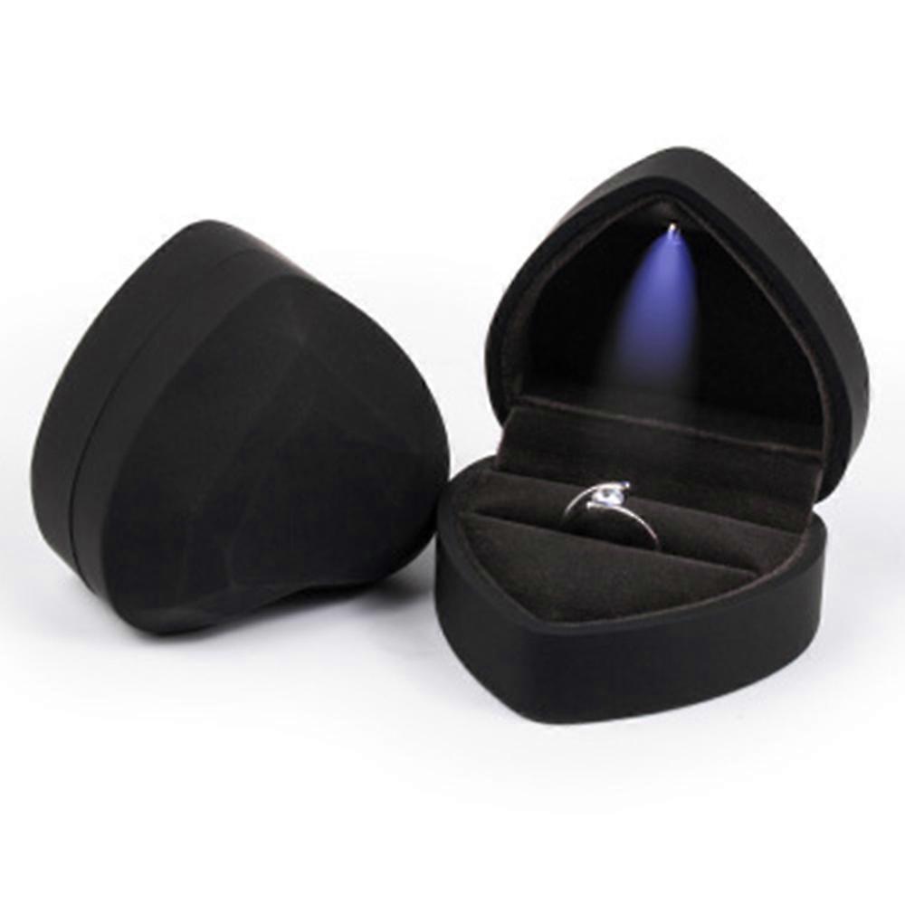 Heyone LED Ring Box Heart Shape Velvet Holder Box with Light for Engagement-Black