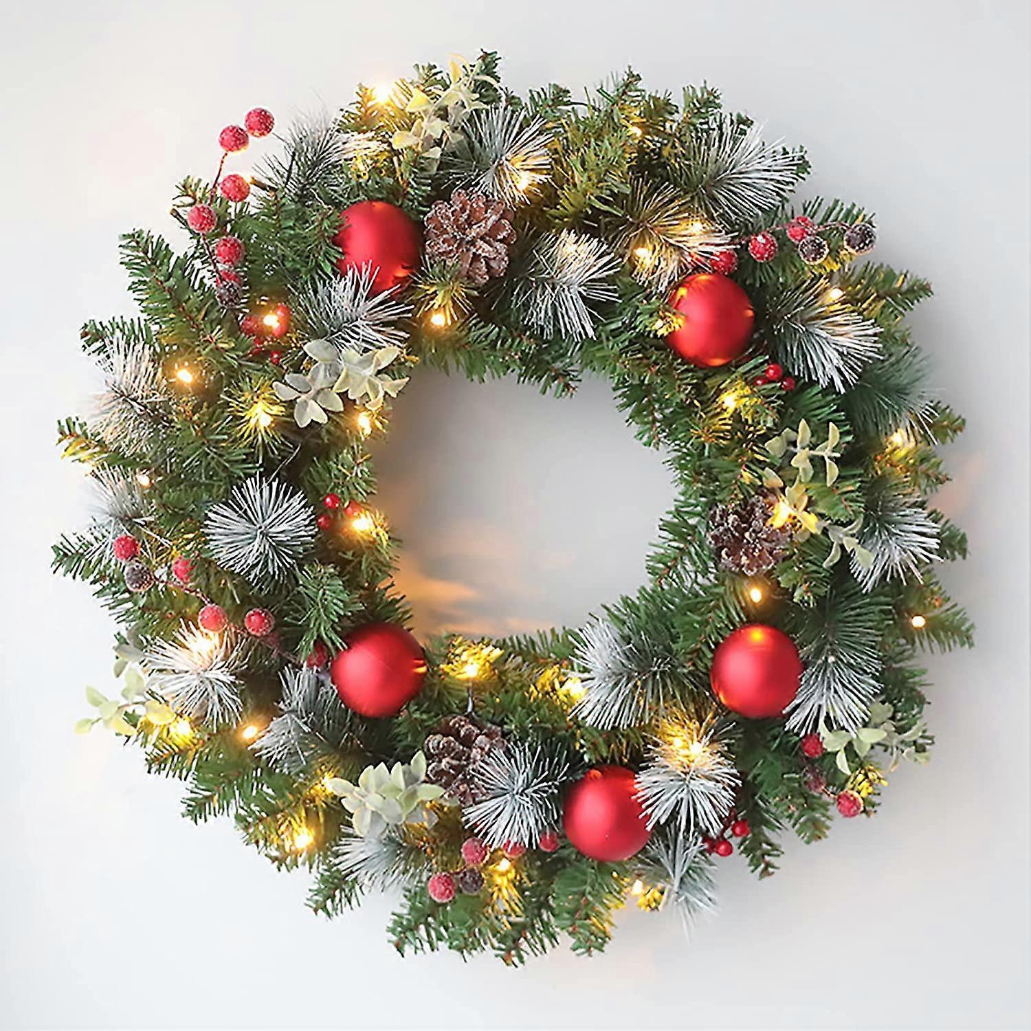 Morakot Christmas Wreath With Lights 20 Inch Pre-Lit Artificial Christmas Wreath Decorated With Pine Cones Berry Clusters Frosted Branches Ball Orn..