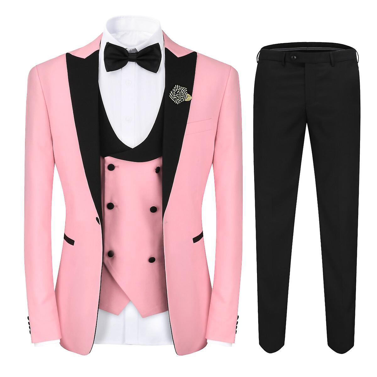 YOUTHUP Mens 3 Piece Slim Fit Peak Lapel 1 Button Suit Set with Bowtie and Corsage Pink L