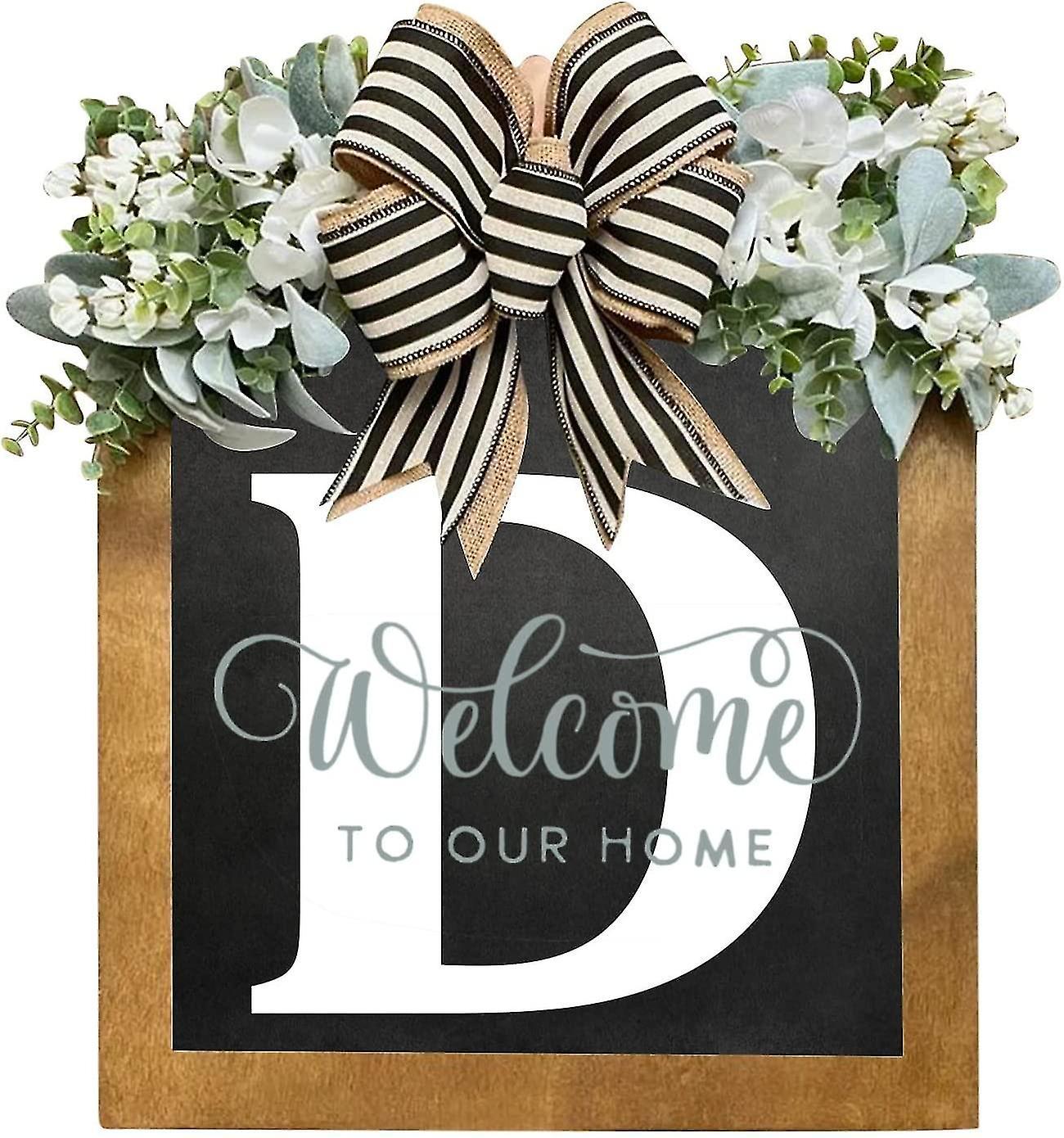 Tianzun Unique Last Name Year Round Front Door Wreath With Bow, 16" Welcome Sign Garland Creative 26 Letter Farmhouse Wreath D