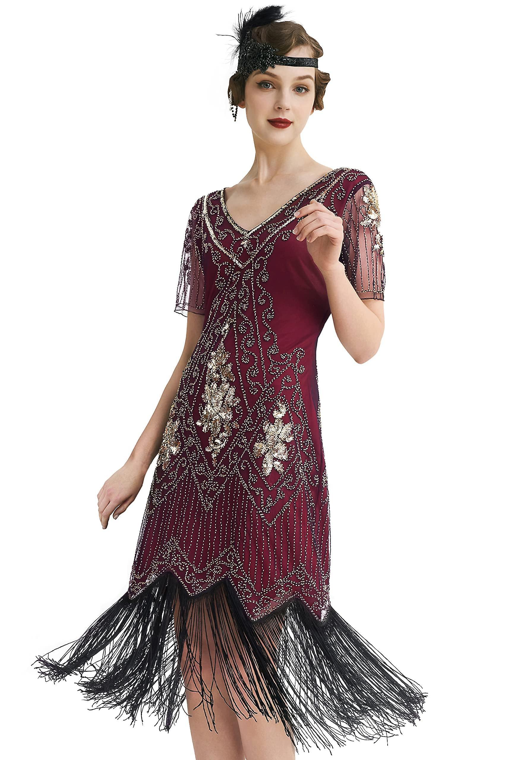 Kongque - 1920s Fringed Sequin Dress Roaring 20s Fancy Dress Gatsby Costume Dress V Neck Vintage Beaded Evening Dress