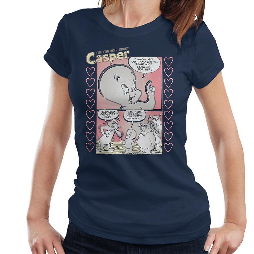 Casper The Friendly Ghost Flowers Comic Frame Women's T-Shirt Navy Blue Medium