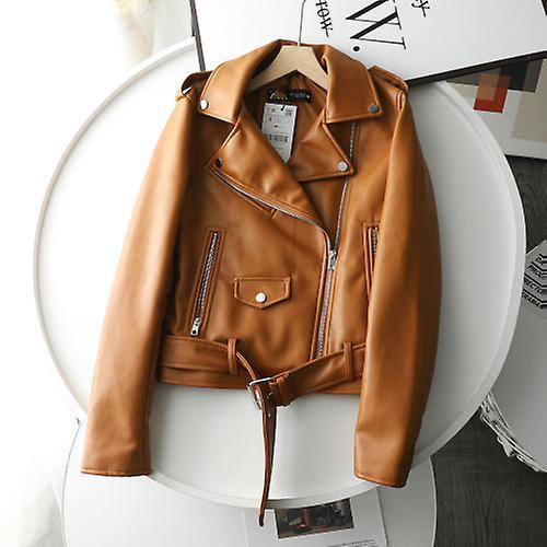 Barsinfi Spring Autumn Women Zippers V-neck Faux Leather Jacket Minimalist Neutral Style Brown Motorcycle Jacket Pu Streetwear Quality Caramel L