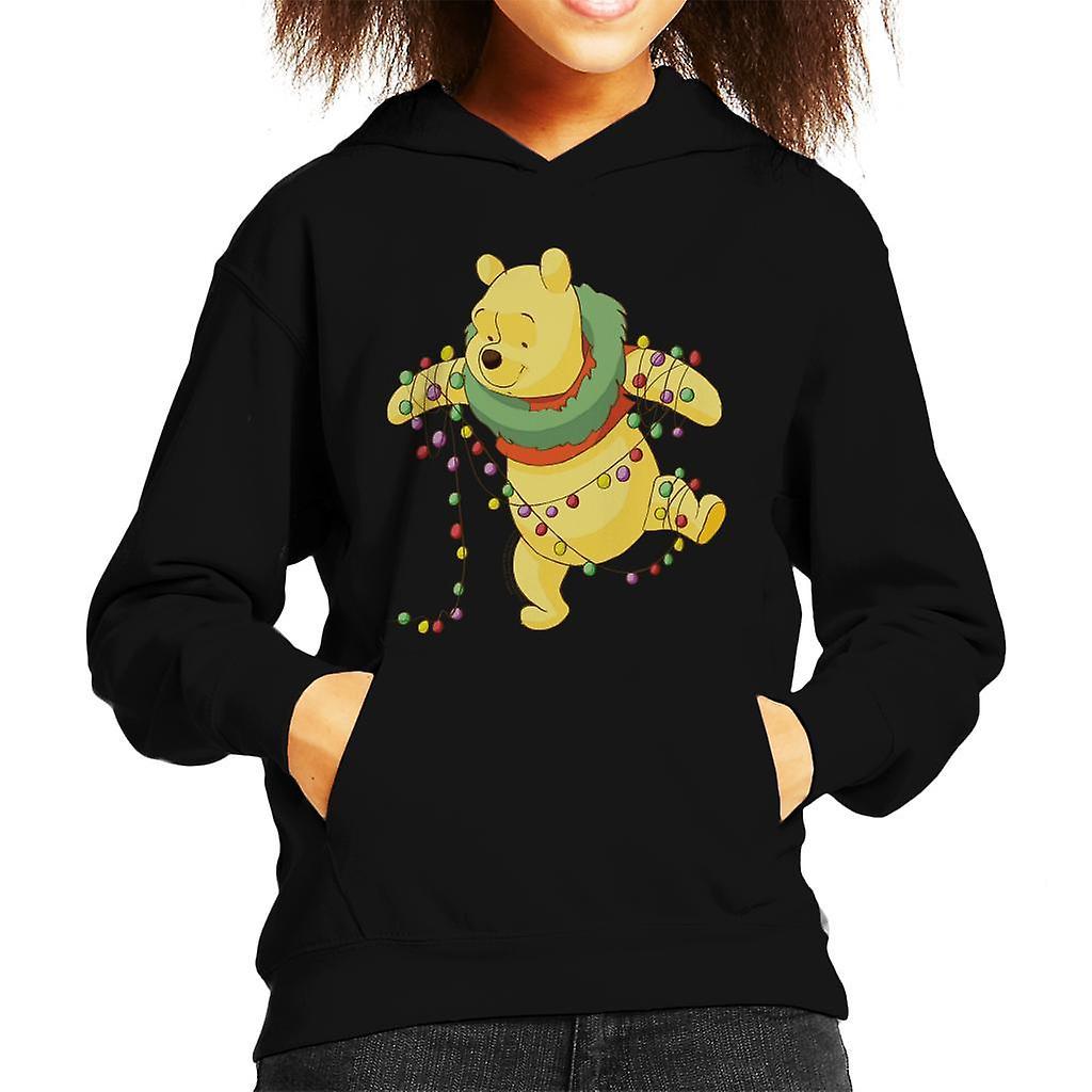 Disney Christmas Winnie The Pooh Tangled In Festive Lights Kid's Hooded Sweatshirt Black Medium (7-8 yrs)