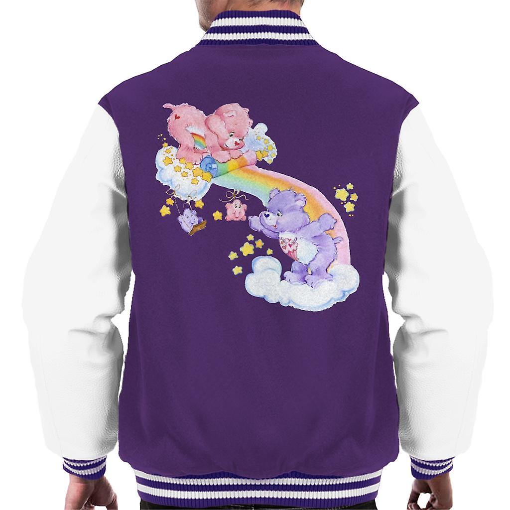 Care Bears Cheer Bear And Share Bear Unrolling A Rainbow Men's Varsity Jacket Purple/White X-Large