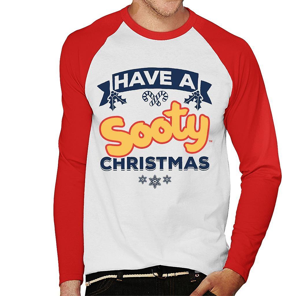 Sooty Christmas Have A Sooty Christmas Blue Banner Design Men's Baseball Long Sleeved T-Shirt White/Red Large