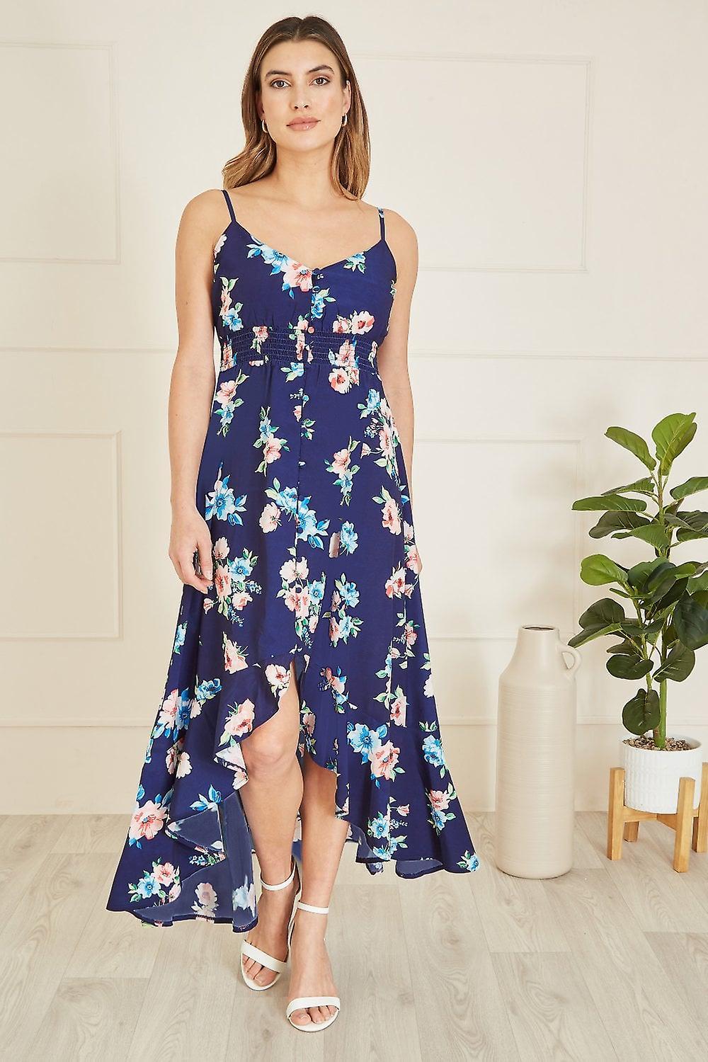 Navy Floral High Low Frill Midi Dress