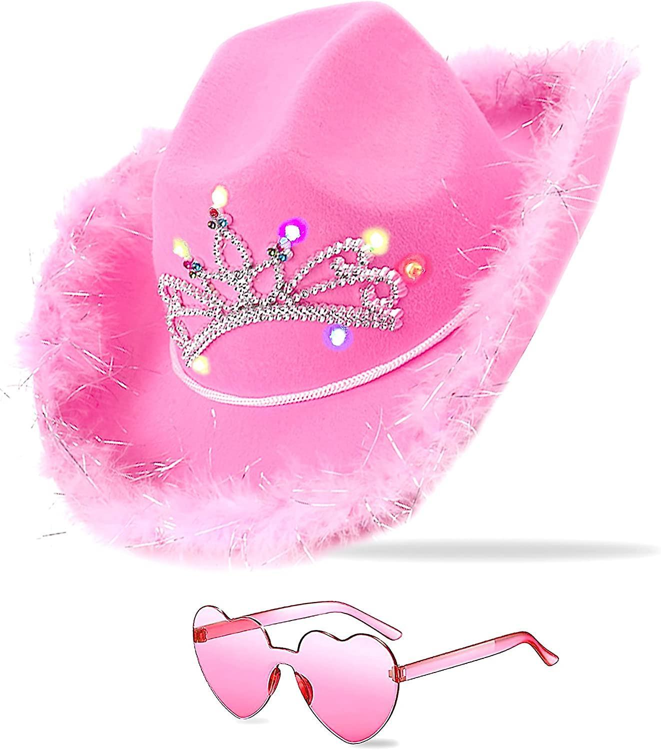 Kaise Cowboy Hat Pink Cowgirl Hat With Sequins & Tiara Crown For Women Rodeo Party Hats With Heart Light Up Pink