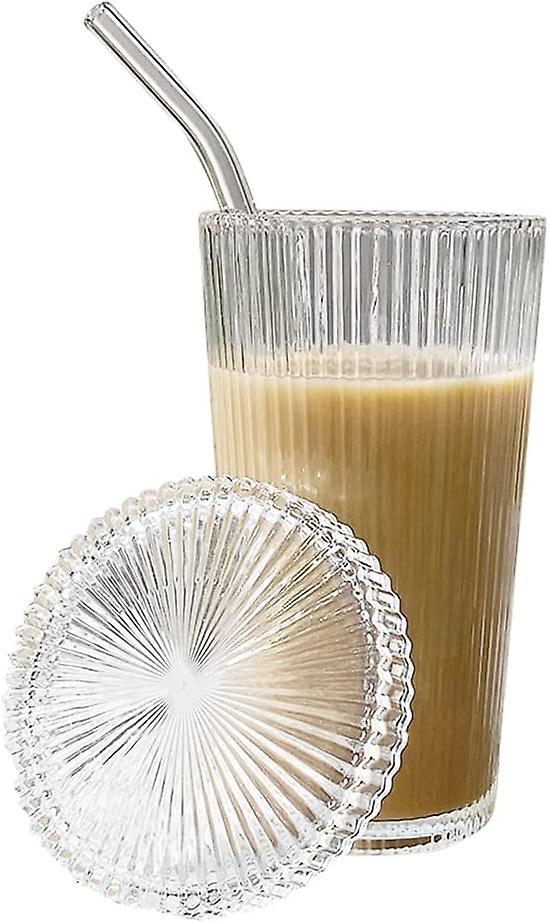 Volord Glass Cups With Lids And Straws, 375ml Ribbed Vertical Striped Glass Coffee Mug, Glass Tumbler For Cocktail, Whiskey, Beer, Water