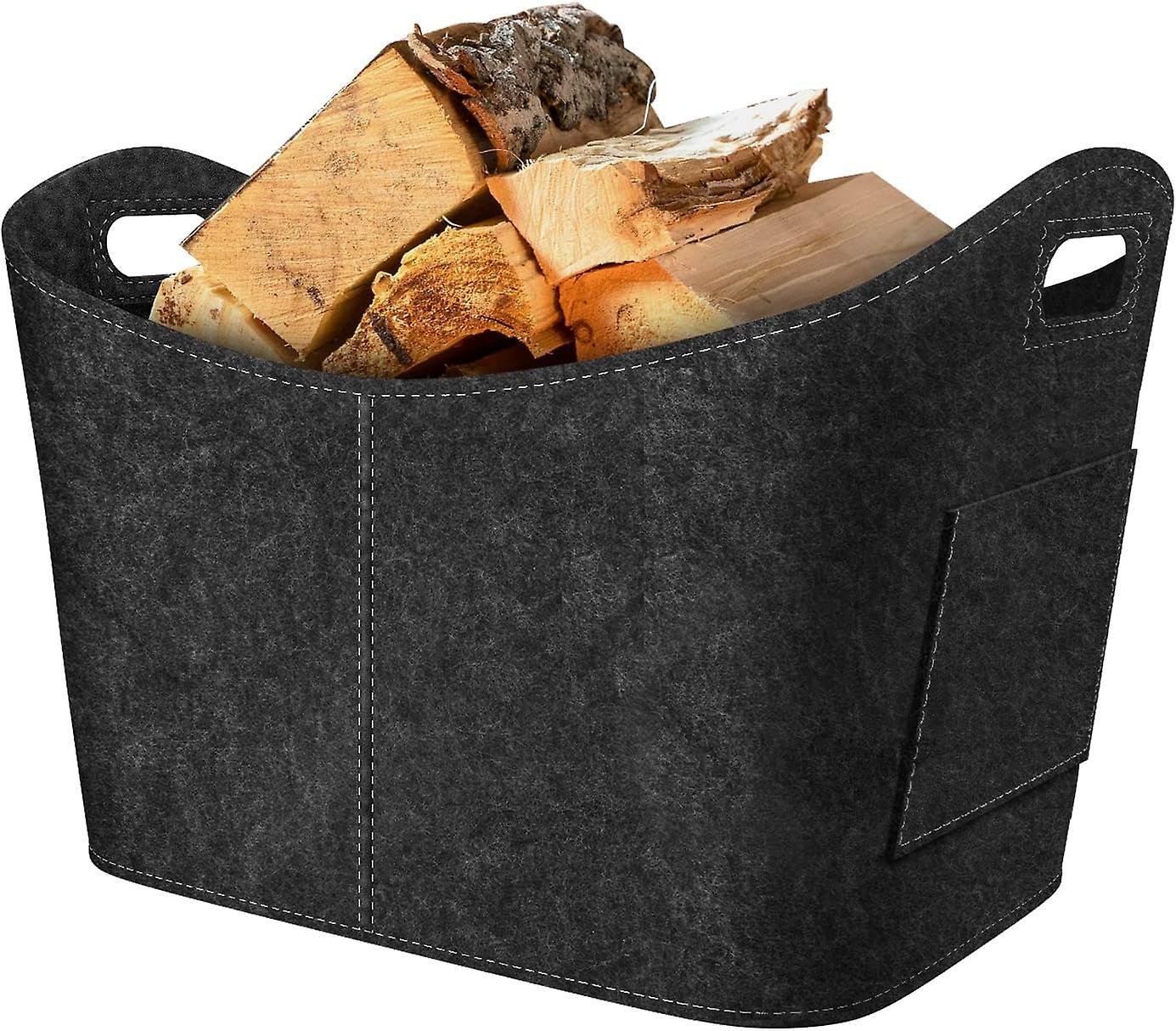 Wenkeay Fireplace Wood Basket, Felt Log Basket, Foldable Felt Log Basket, Fireplace Wood Bag for Wood, Newspapers, Firewood, 53x30x40cm, Dark Gray