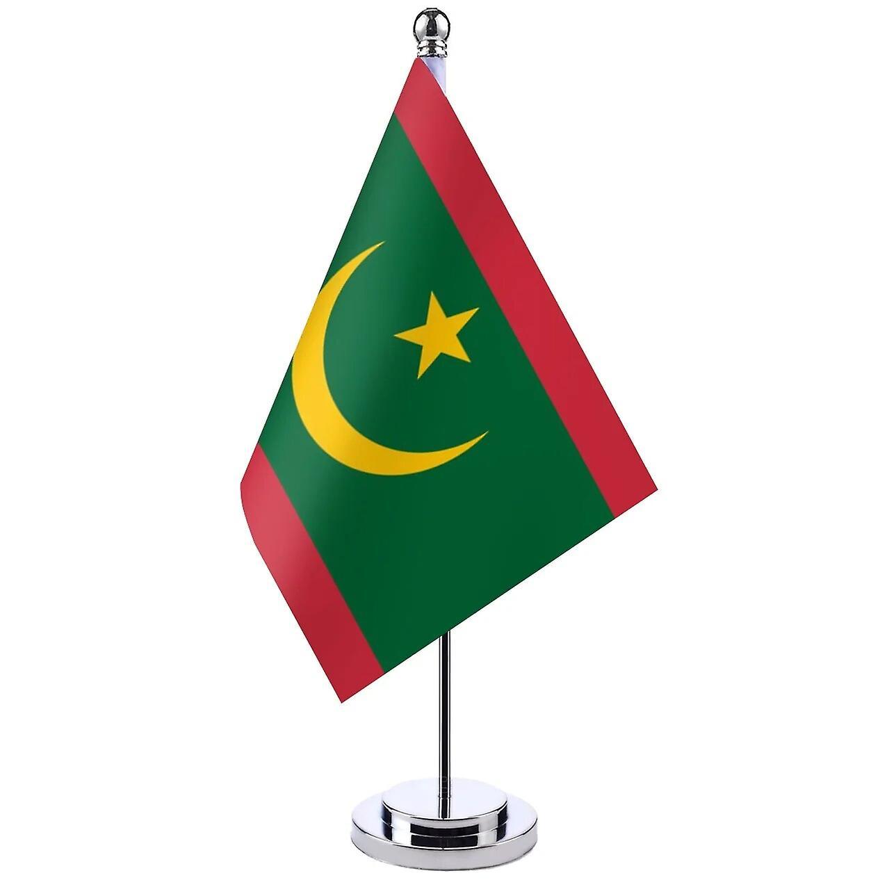 Scitoo 14x21cm Office Desk Flag Of Mauritania Banner Boardroom Table Stand Pole The Mauritanian National Flag Set Meeting Room Decor Mauritania Silver