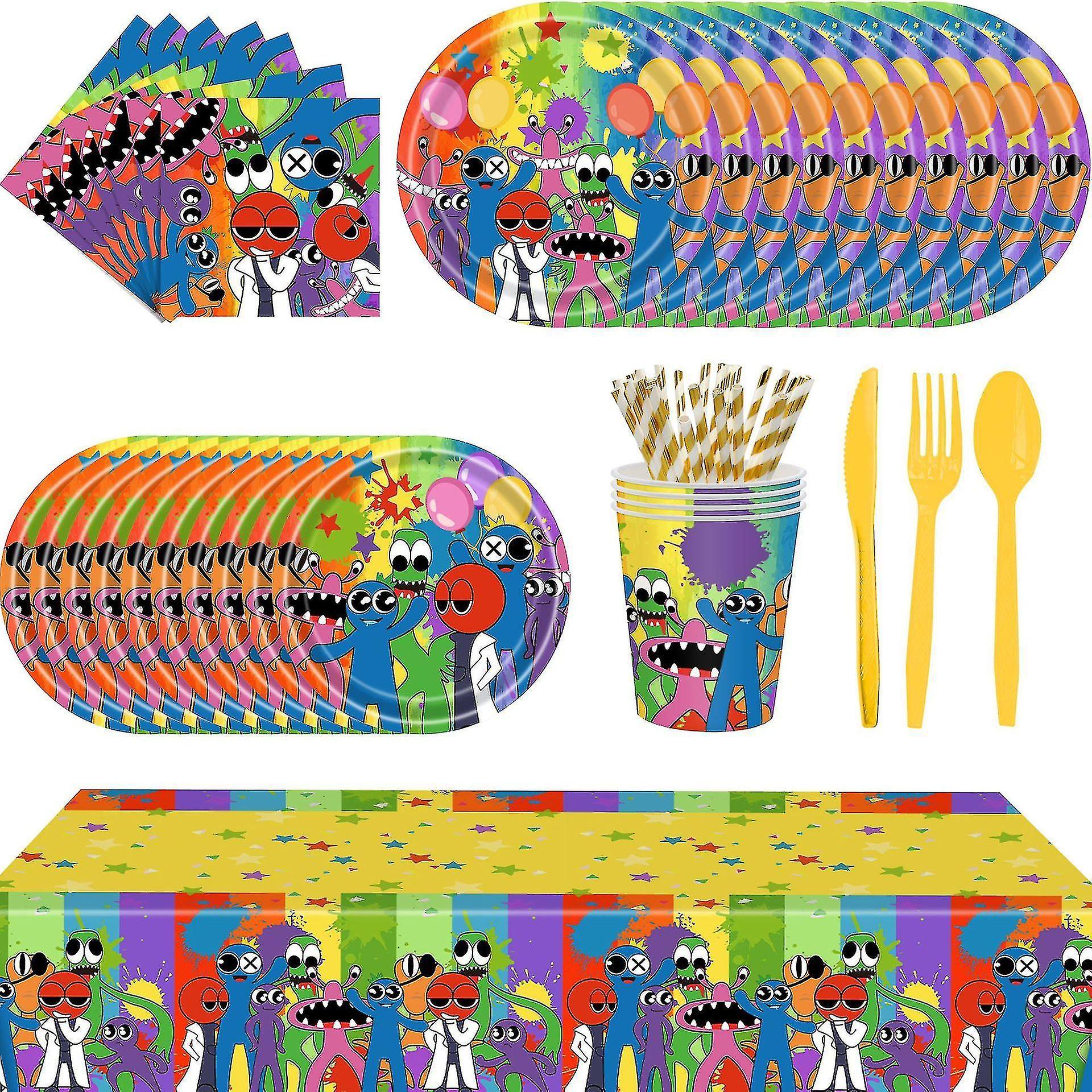 Huamade Kids Rainbow Friends Theme Cartoon Party Supplies Kids Birthday Festival Party Tableware Disposable Paper Plates -ys 1pcs tablecloth