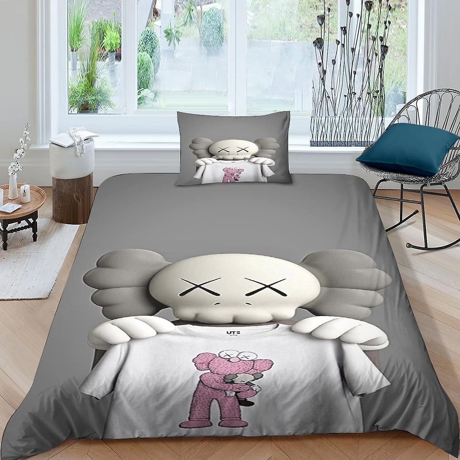 Kerota Pink KAWS Children's Duvet Cover - Cartoon Characters Single Bed with Zipper - Soft Microfiber Duvet Cover Sets with Pillowcases 135*200 CM ...