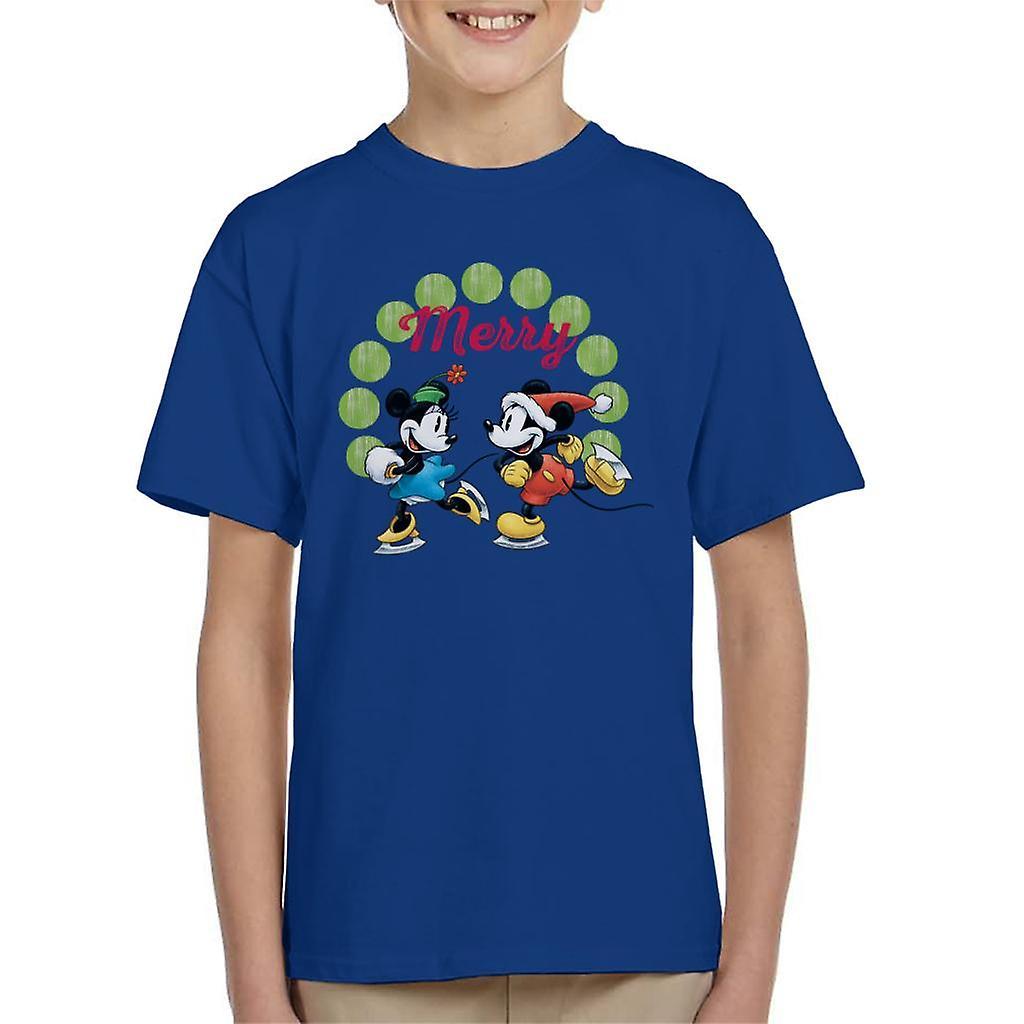 Disney Christmas Mickey And Minnie Mouse Ice Skating Kid's T-Shirt Royal Blue X-Small (3-4 yrs)