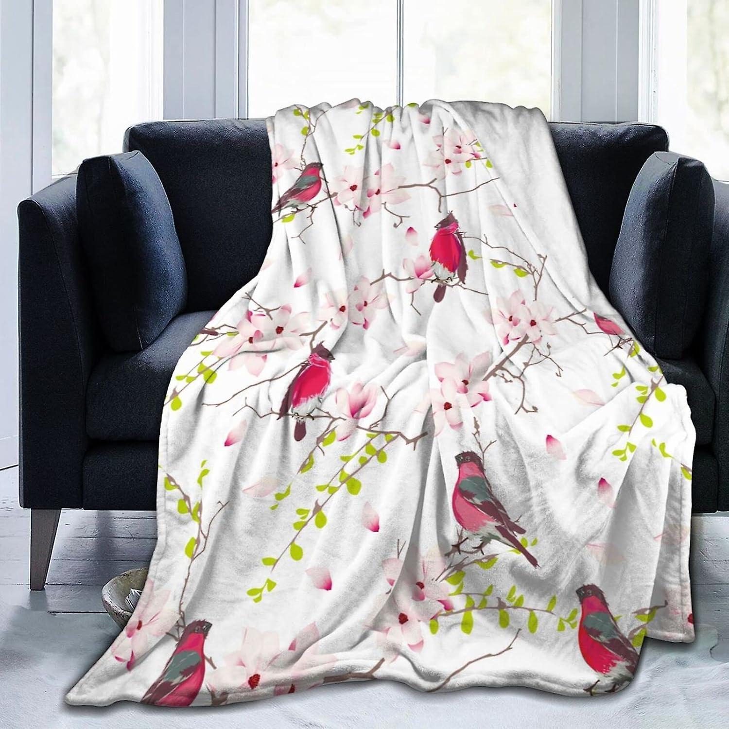 Kerota Soft Throw Blanket Red Bullfinches Birds Magnolia Flowers Flannel Blanket Ultra Soft Warm Throws Washable for Bed Sofa Couch 50x40in 125x100cm