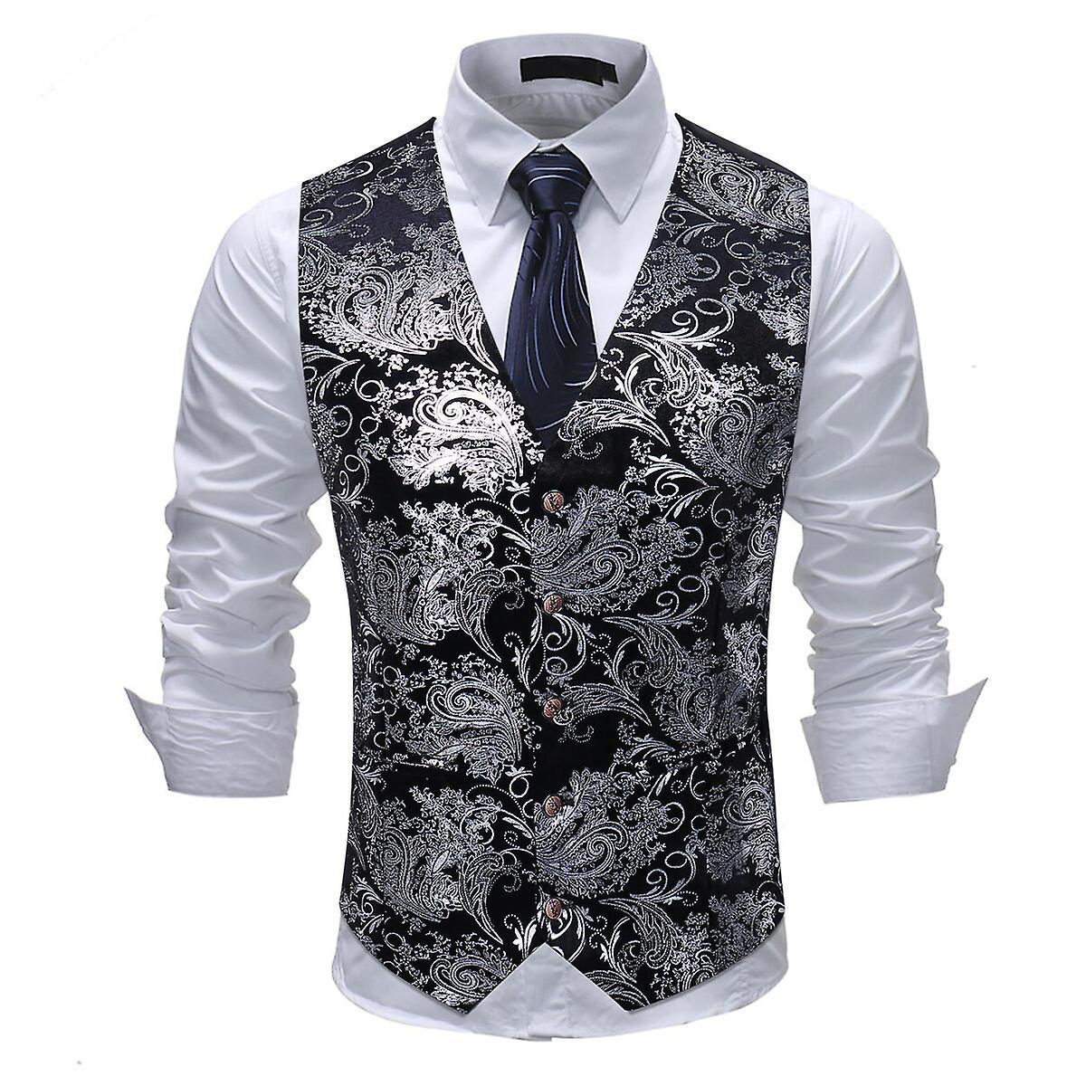 Allthemen Mens V-Neck Printed Business Casual Gold Silver Suit Vest Black Silver L