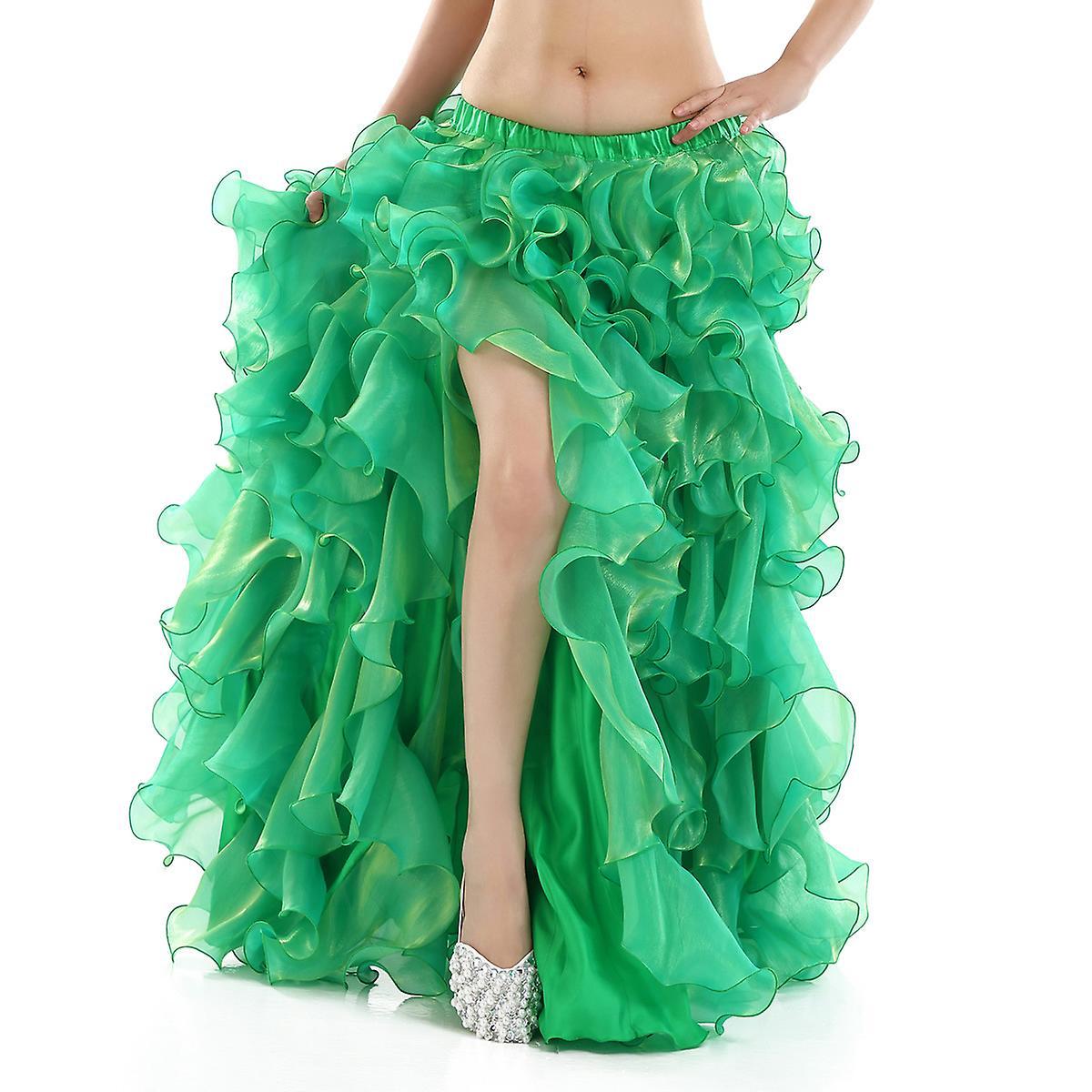 Boeyaa High Quality Belly Dance Skirts Oriental Ruffle High Slit Tulle Carnival Belly Dance Costume Skirt For Women Girl Skirt Belly Green L