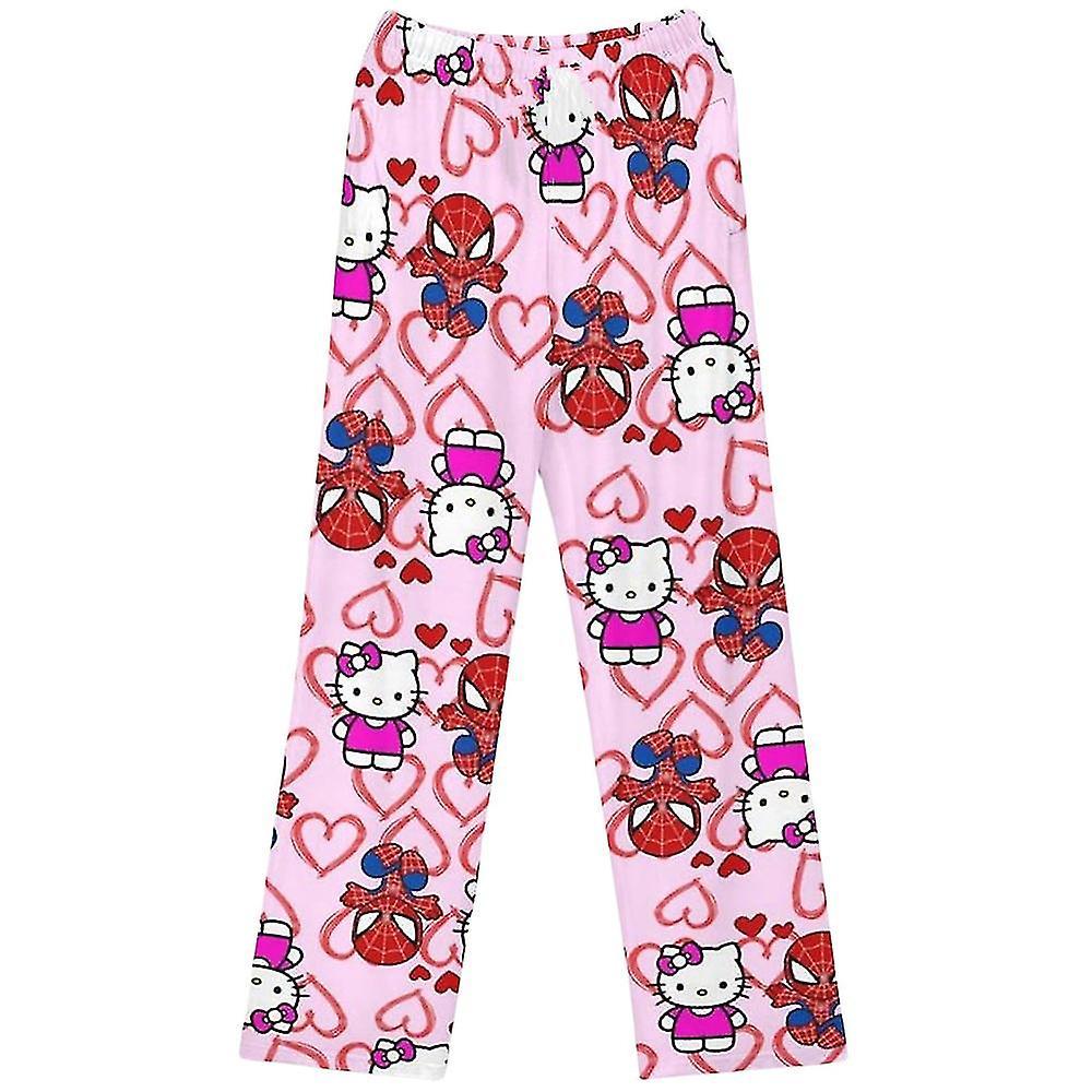 Womens Ladies Hello Kitty Spiderman Pajamas Pants Flannel Autumn Cozy Warm Soft Home Trousers,WHBYV Pink Kitty L