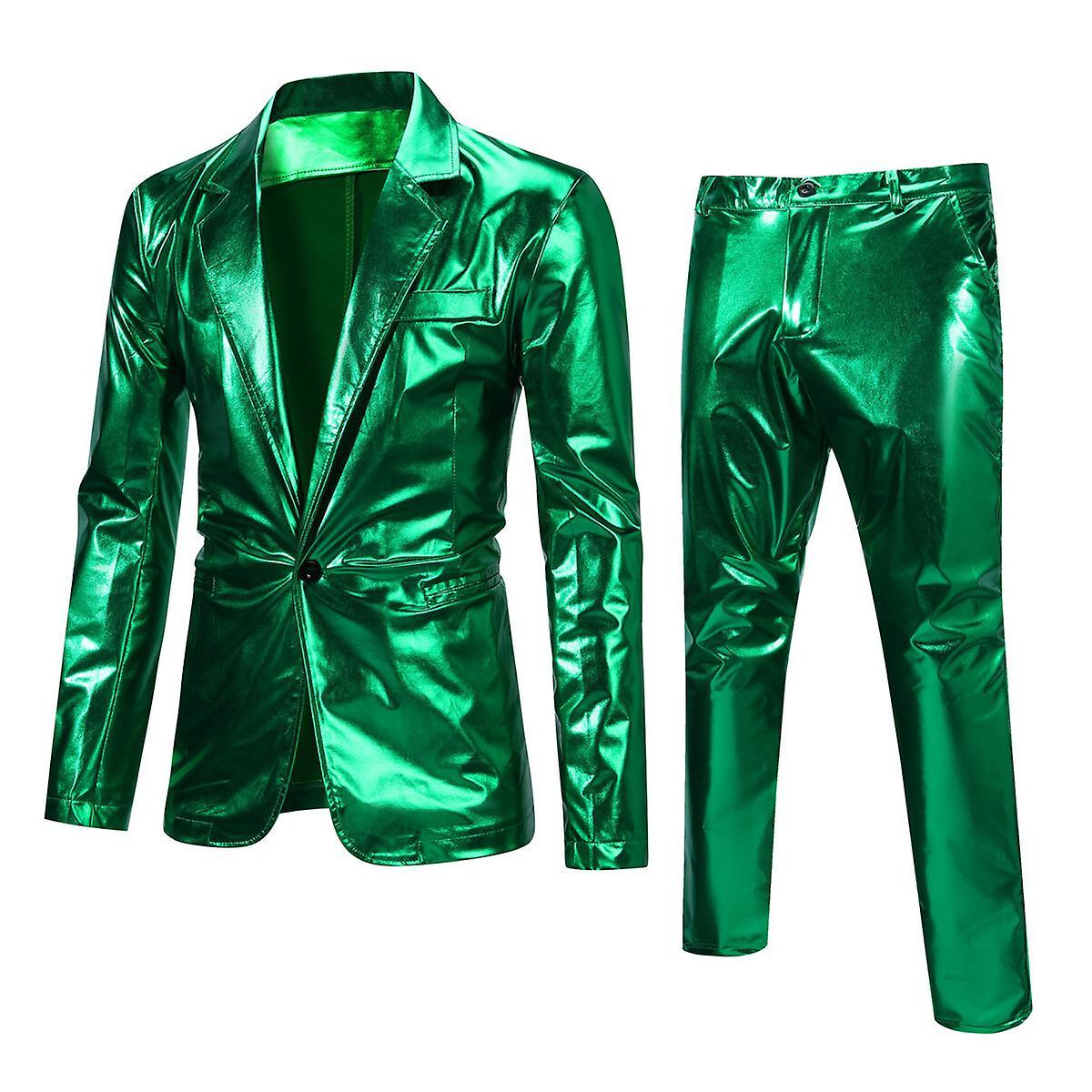 YOUTHUP Mens 2Pce Suit Glossy Shiny Tuxedo Waterproof Blazer and Pants Green L