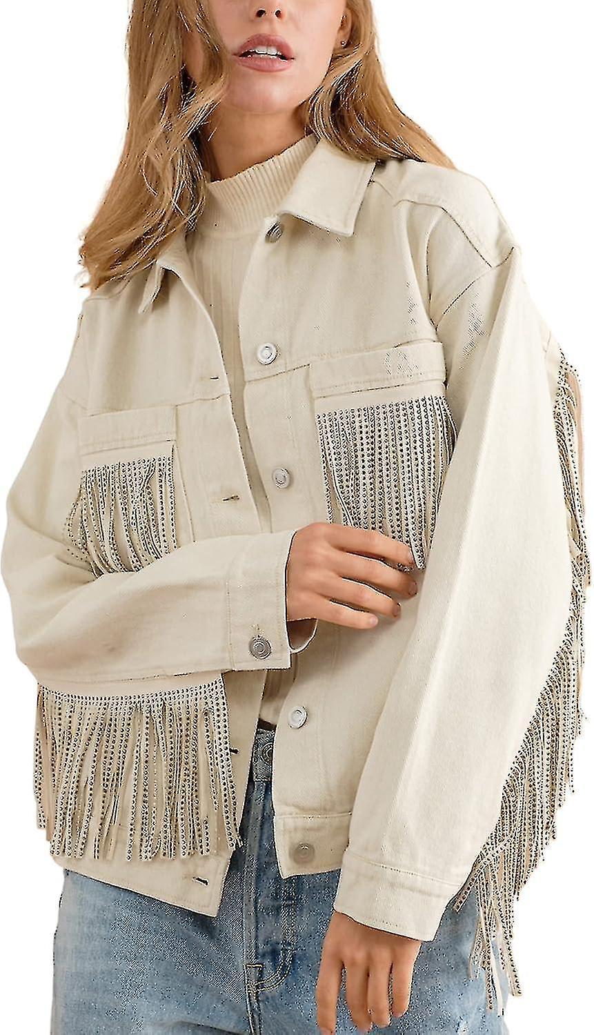 Bean Women's Rhinestone Fringe Denim Jacket - Long Sleeve Casual Tassel Jean Jacket Coat Beige Large