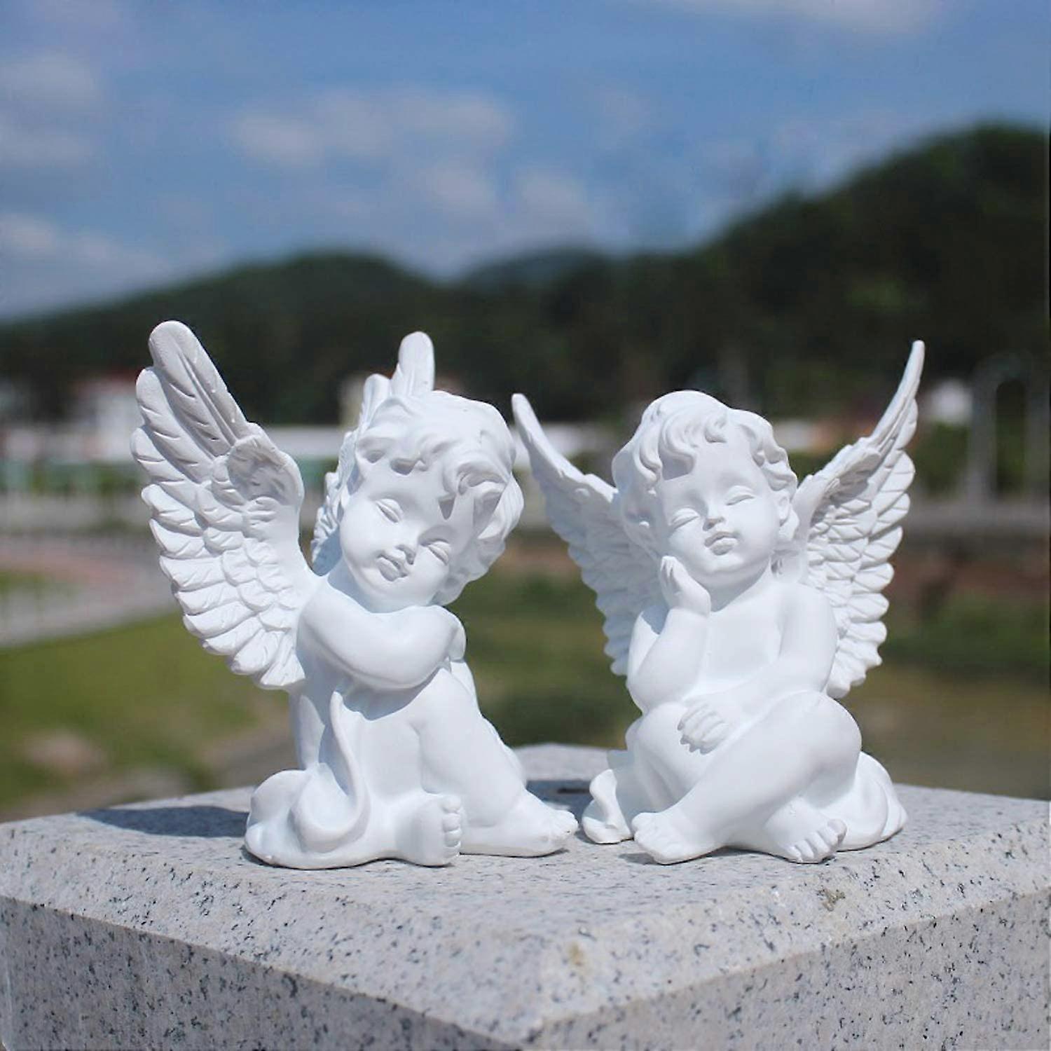 Wjiaer Set of 2 Cherubs Angels Resin Garden Statue Figurine, Indoor Outdoor Home Garden Decoration, Adorable Angel Sculpture Memorial Statue 4"