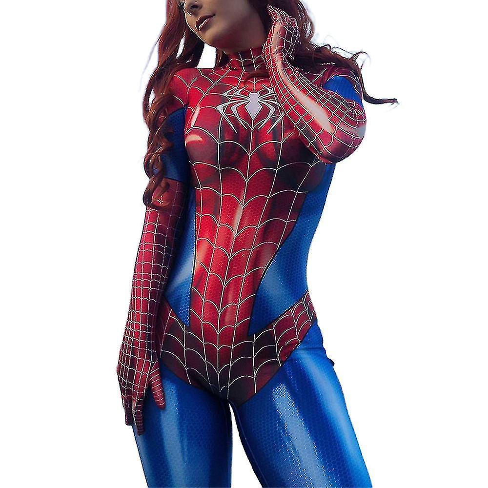 Aswei Spider-woman Bodysuit Halloween Superhero Spider Girl Cosplay Costume Women Catsuit Stretch Jumpsuit Romper Party Fancy Dress Up red/blue M