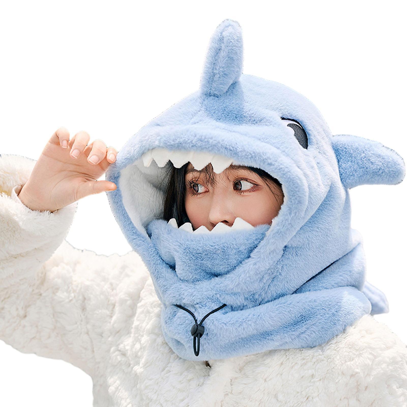 Tuelaly Women Winter Hat Full Protection Cartoon Shark Shape Thickened Plush Drawstring Adjustment Warm Outdoor Skiing Cap Blue