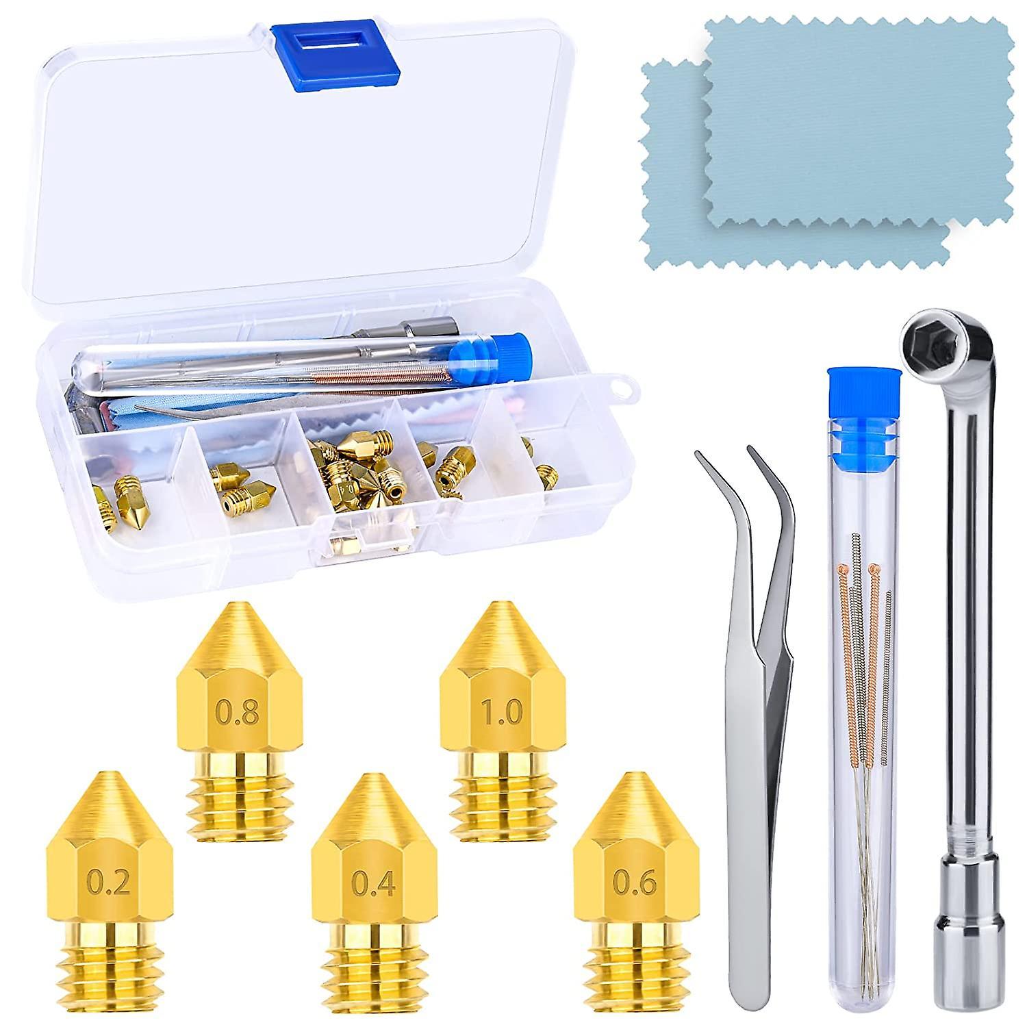 Sjjyv 24 Pieces Brass MK8 3D Printer Nozzles, 0.2mm, 0.4mm, 0.6mm, 0.8mm, 1mm 3D Printer Nozzle Kit with Cleaning Tool and Storage Box for CR10/ 10...