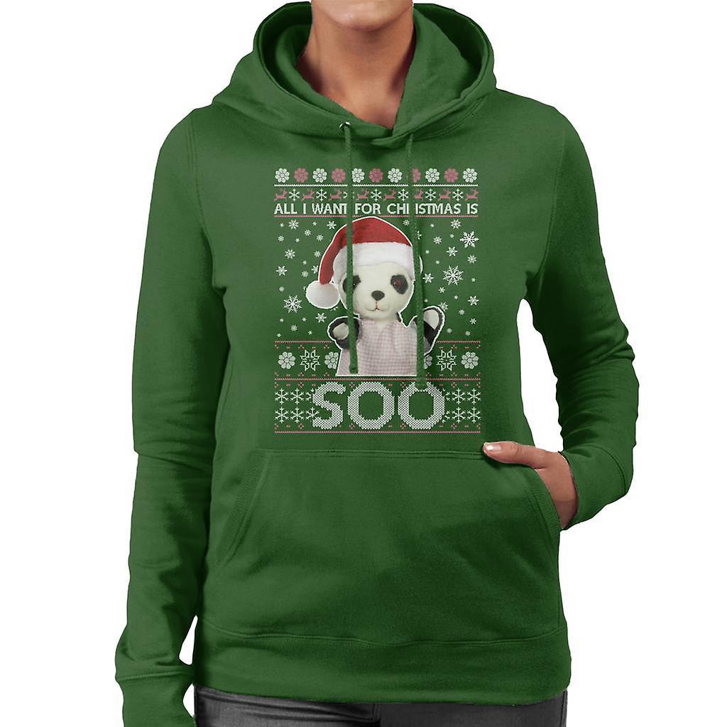 Sooty Christmas Festive Hat All I Want For Christmas Is Soo Women's Hooded Sweatshirt Bottle Green Large