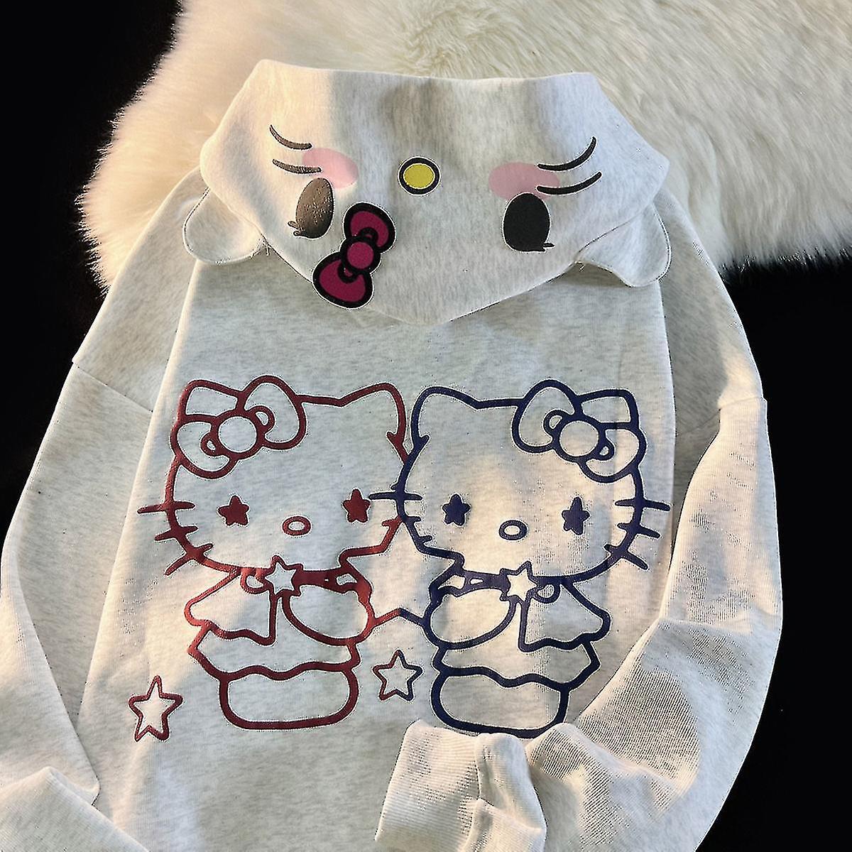 Sszfv Sanrio Kawaii Hello Kitty New Cute Cartoon Hooded Sweater Women's Autumn Winter Loose Student Cardigan Jacket Birthday Gift grey M