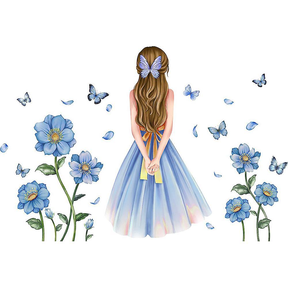 Eforcase Butterfly Girl Wall Stickers Flower Fairy Wall Decal Blue Flower Removable Wall Art Stickers Diy Wall Art Mural Wallpaper Decor For Bedroo...