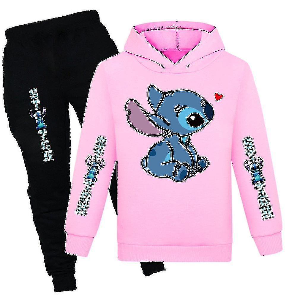 Jeek Lilo & Stitch Print Kids Tracksuit Set Boys Girls Casual Hooded Hoodie Sweatshirt Jogger Pants Outfit Activewear Pink 9-10 Years