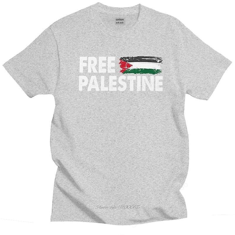 Aionyaaa Palestine Flag Arabic T Shirt Men Pure Cotton Tshirt Casual Tee Tops Short Sleeved Palestinian Flag Patriotic T-shirt Gray XL