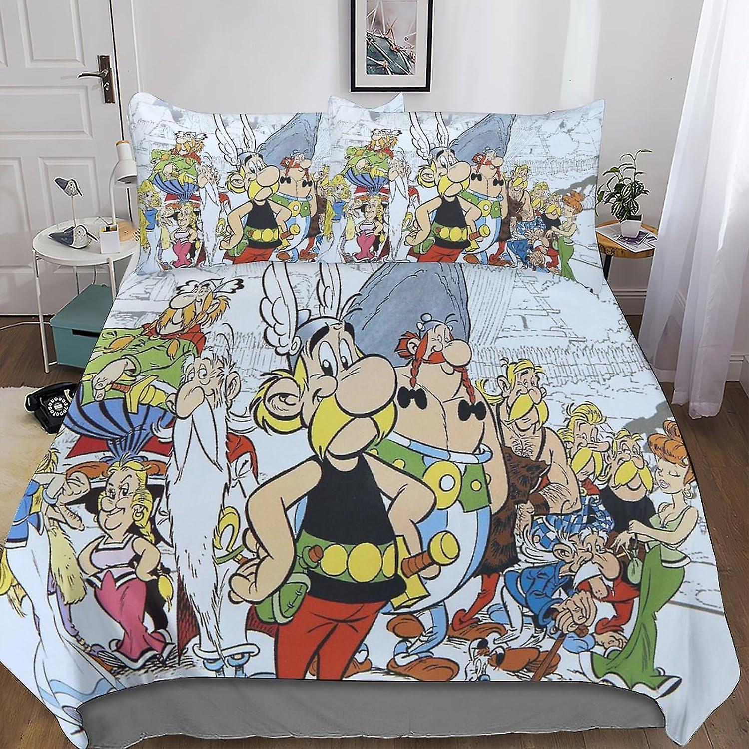 Kerota 3D Asterix Duvet Cover Cute Anime 3 Piece Bedding Set for Kids Teens Boys Microfiber with Zipper Closure Pillowcases Double200x200cm