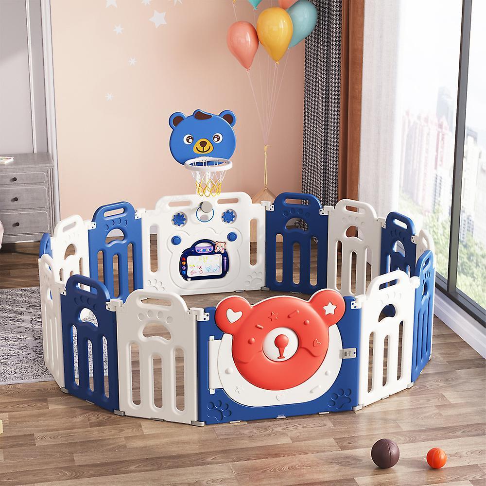 Living And Home 14 Panel Baby Playpen with Safety Gate for Baby and Toddlers Blue 123*203cm