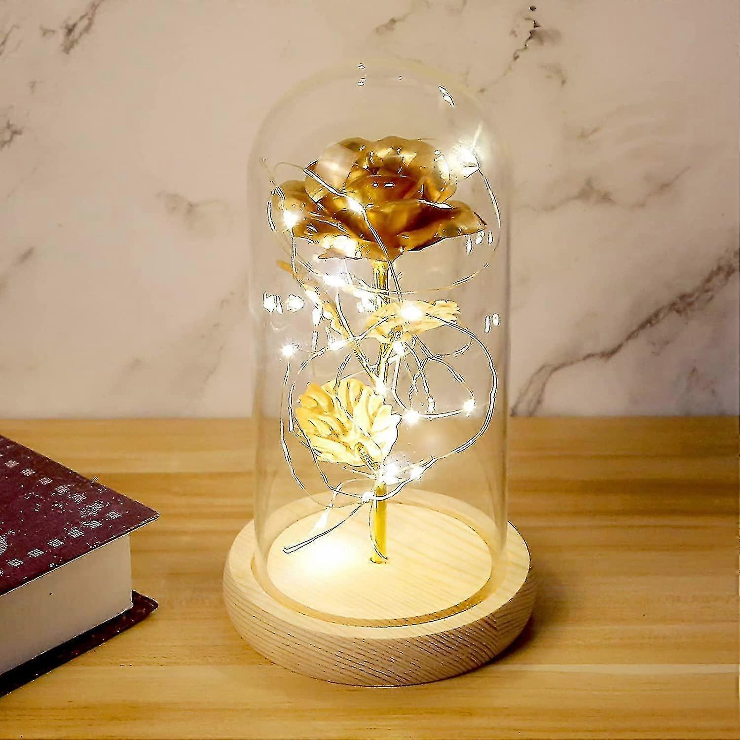 Mintian Beauty And The Beast Rose Forever Rose Flower Eternal Roses 24k Gold Silk Rose With String Lights In Glass Dome For Mother's Day Birthday W...