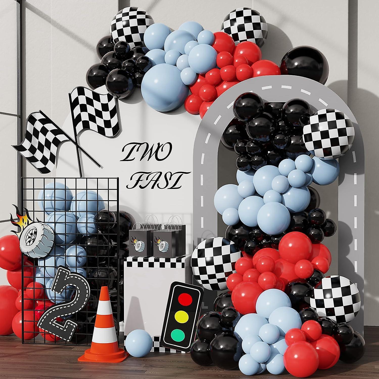 Heyone Race Car Balloons Arch Garland Kit 148pcs Red Blue Black Checkered Flag Foil Balloon Racing Car Theme Two Fast 2nd Birthday Party Supplies F...