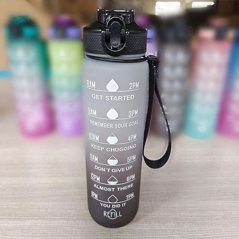 Tiuyii 1000ML Large Capacity Sports Water Bottle Gradient Color Frosted Plastic Cup Black-Gray