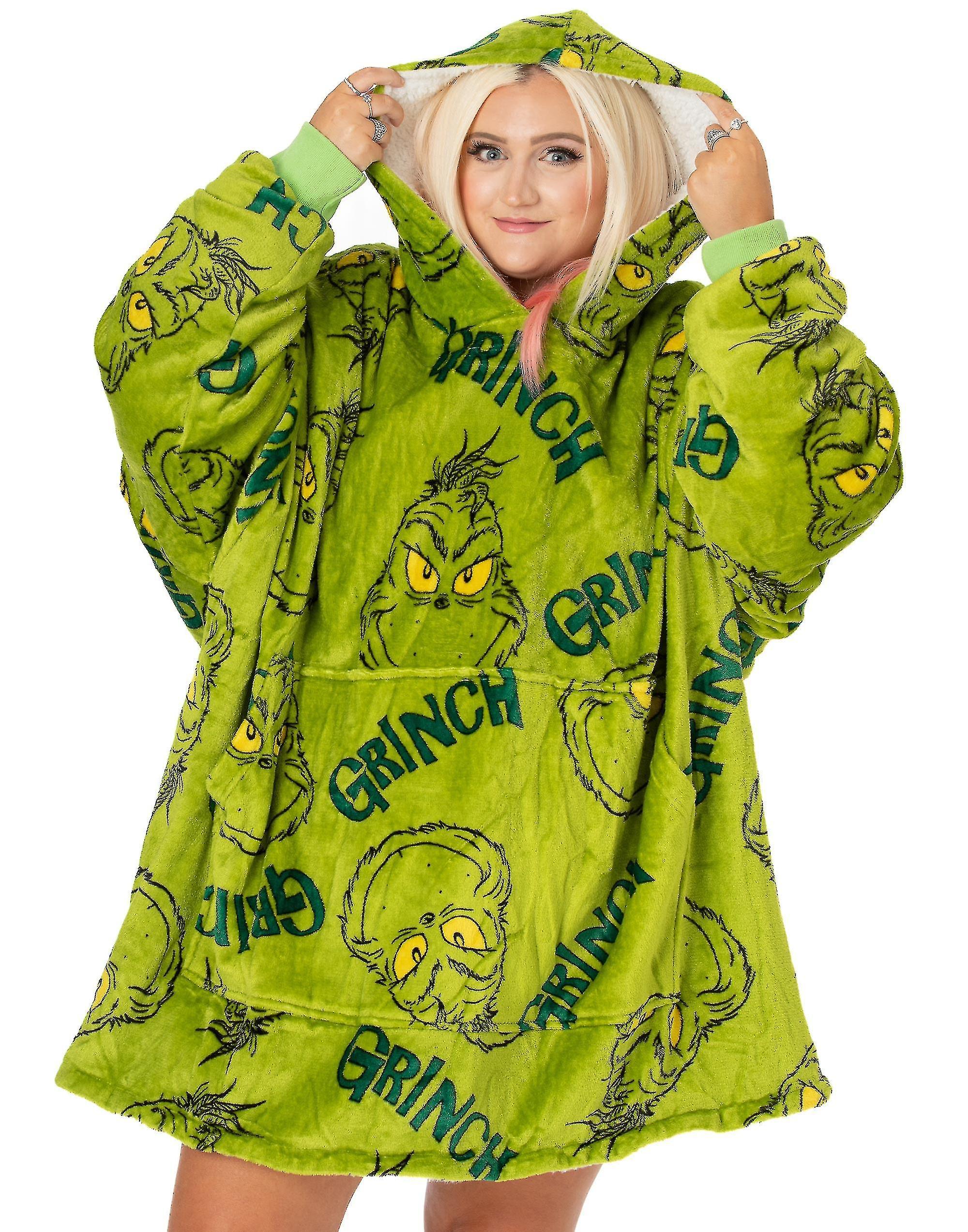 Sanne 2024 The Grinch Mens Blanket Hoodie Green Scattered Grinch Character - One Size