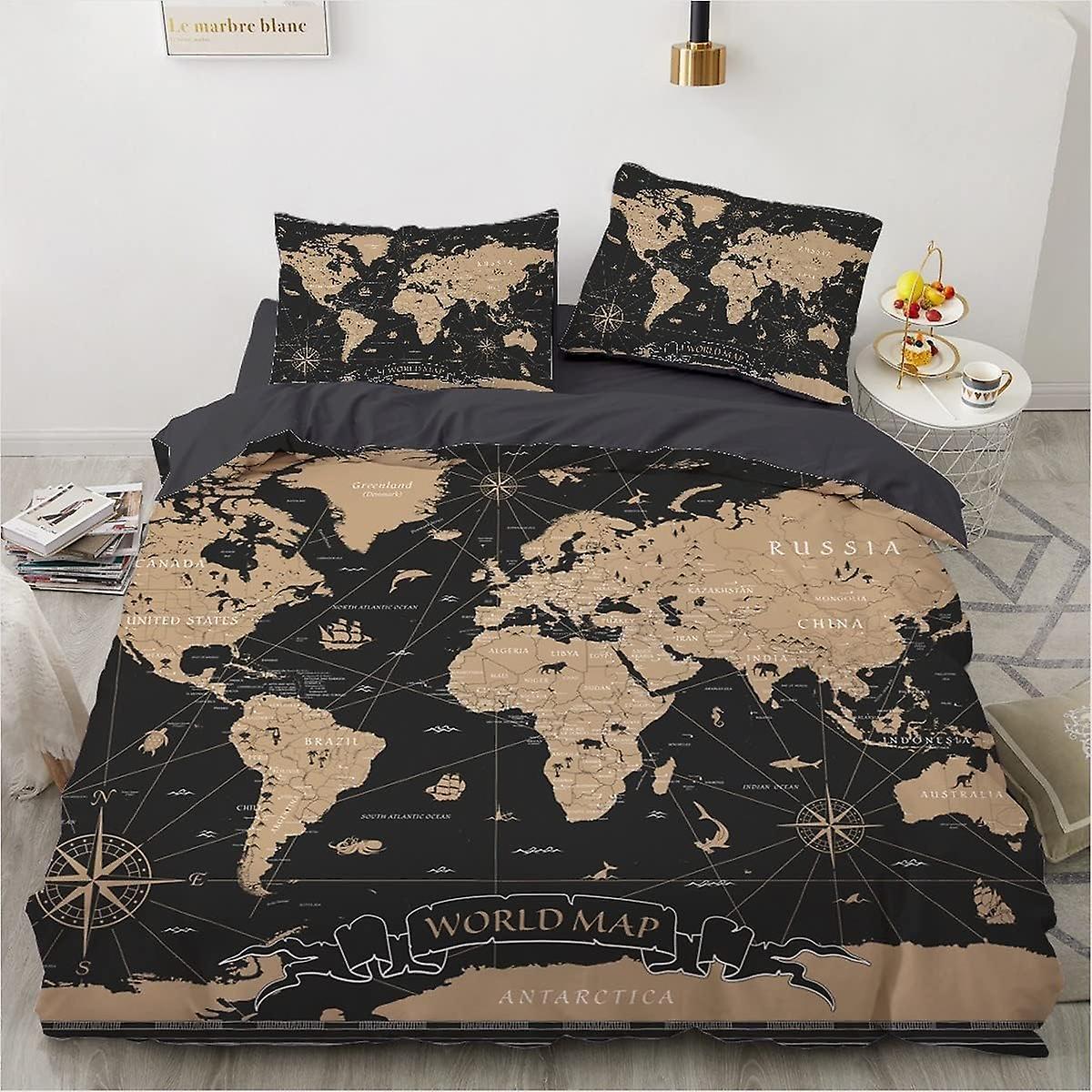 Kerota Duvet Cover, World Map Duvet Cover, 3D Printed Duvet Cover Sets, 100% Microfiber, Bedding Set With 1 Pillowcase Single135x200cm