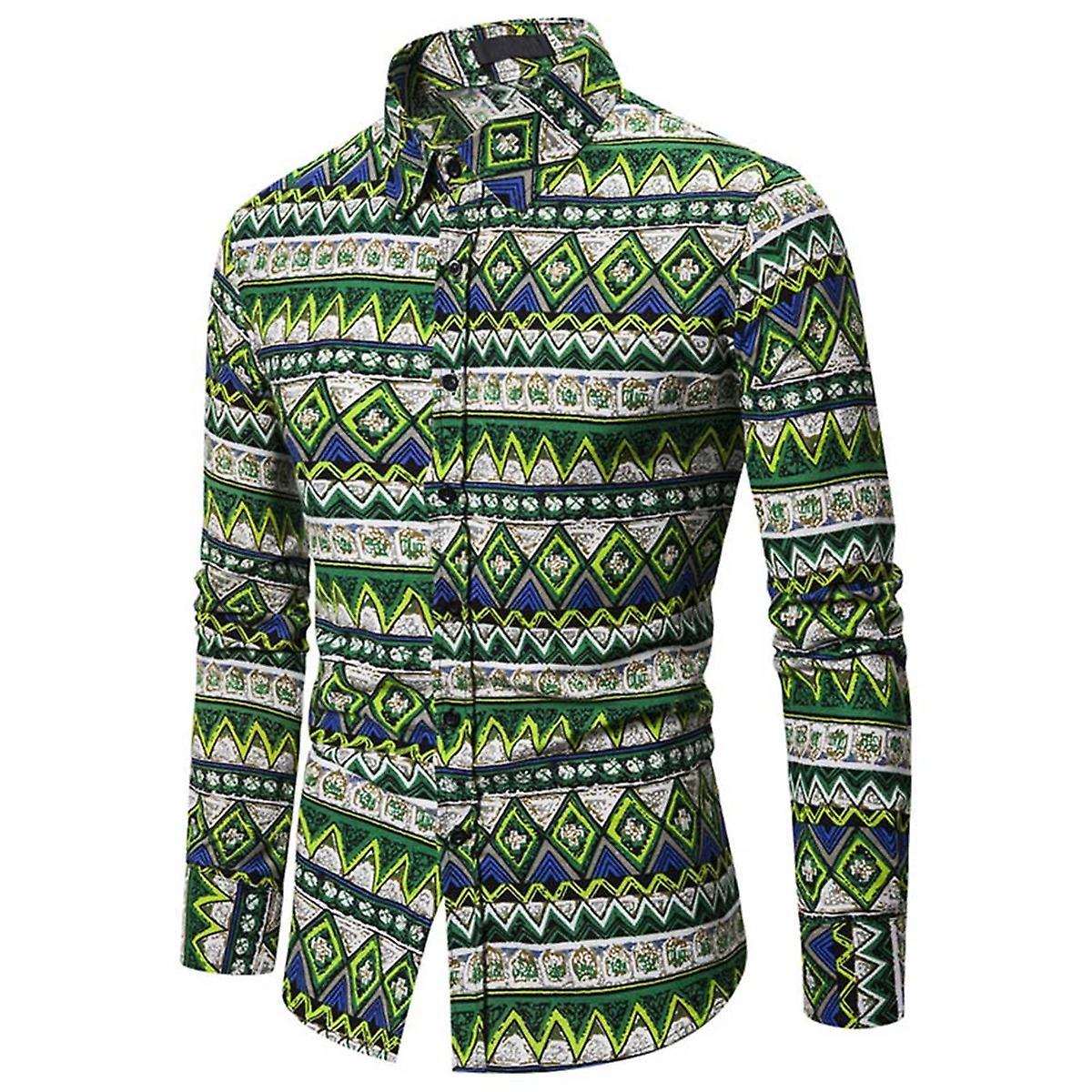 Allthemen Mens Casual Printed Long Sleeve Shirt Green S