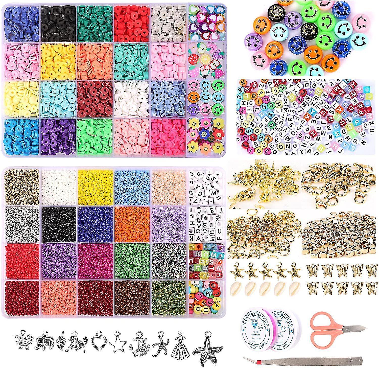 Elsavct Upgraded 25000 Pieces Glass Beads Clay Beads Chain Bead Making Kit Alphabet Bead Pendants