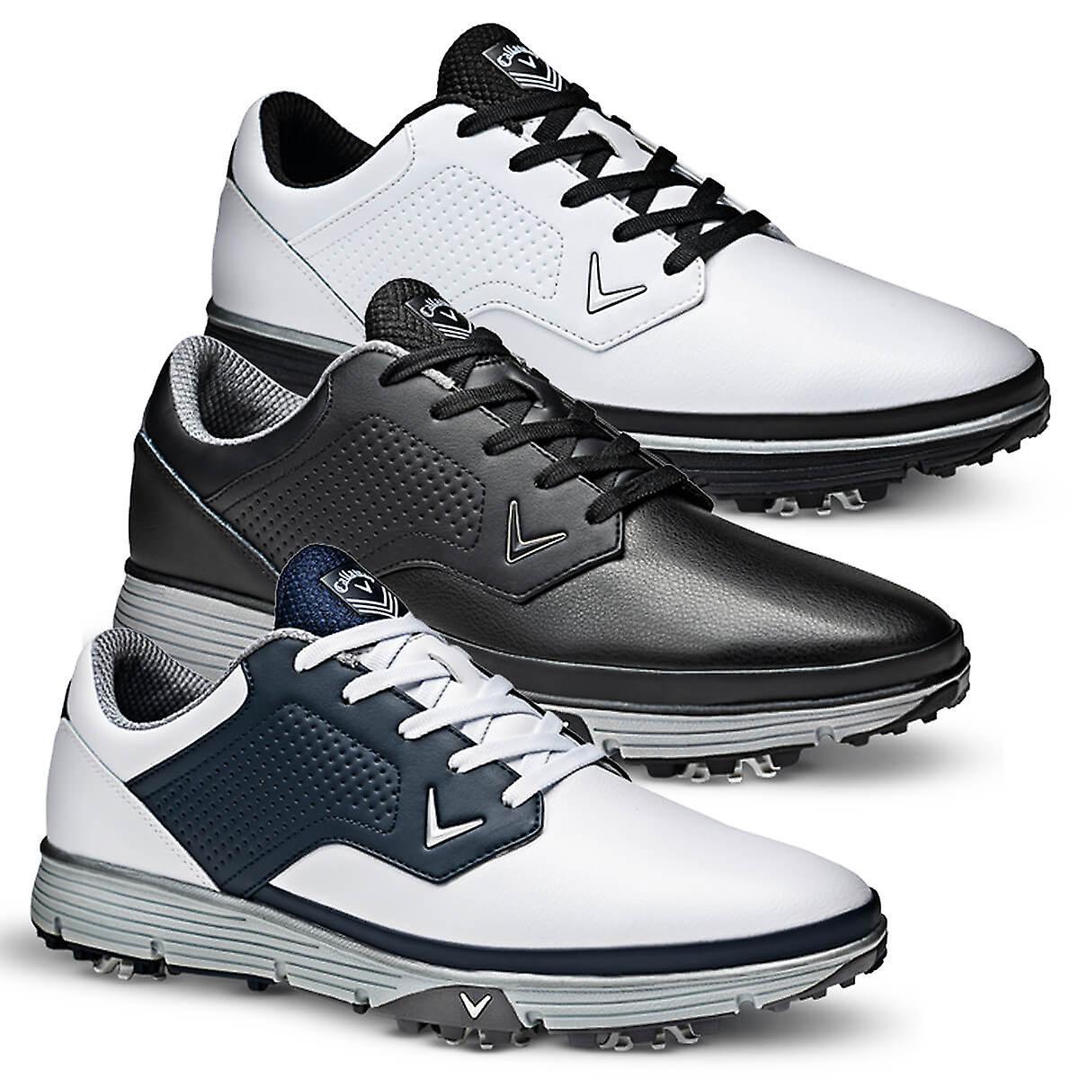 Callaway Golf Mens 2024 Mission Spiked Waterproof Leather Comfort Golf Shoes White/Navy UK 8